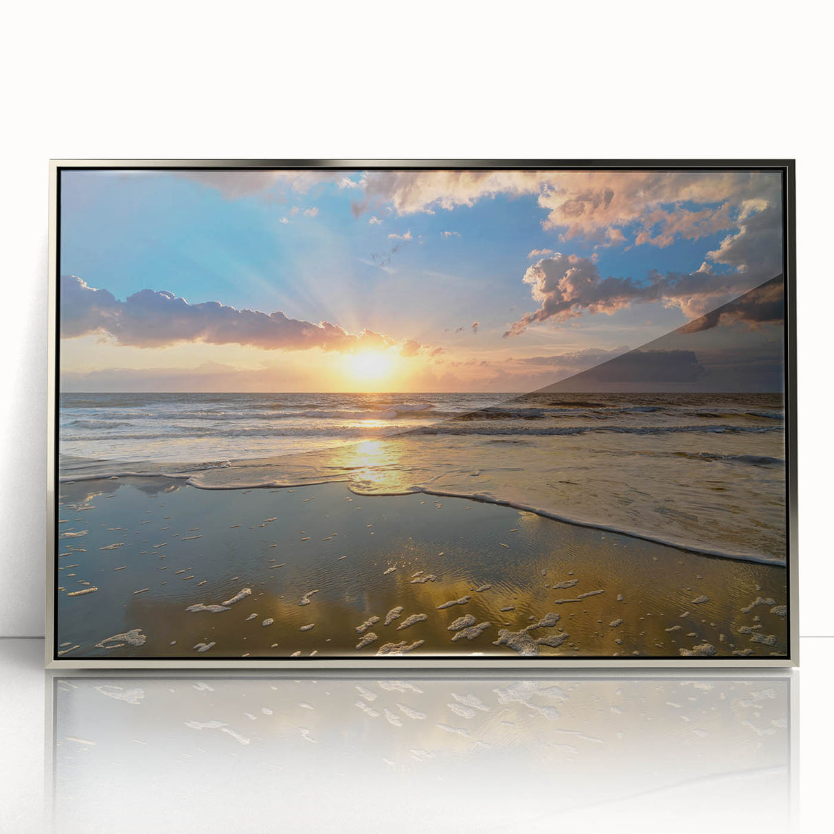 Mid-century modernist art depicting South Carolina scenery in muted earth tones on a silver-framed acrylic print.