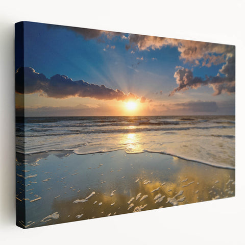 Side view of a stretched canvas featuring a scenic South Carolina landscape in muted green and blue tones.