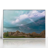 Acrylic print of South Dakota Badlands with muted earth tones in an art deco style, ideal for modern art wall decor.