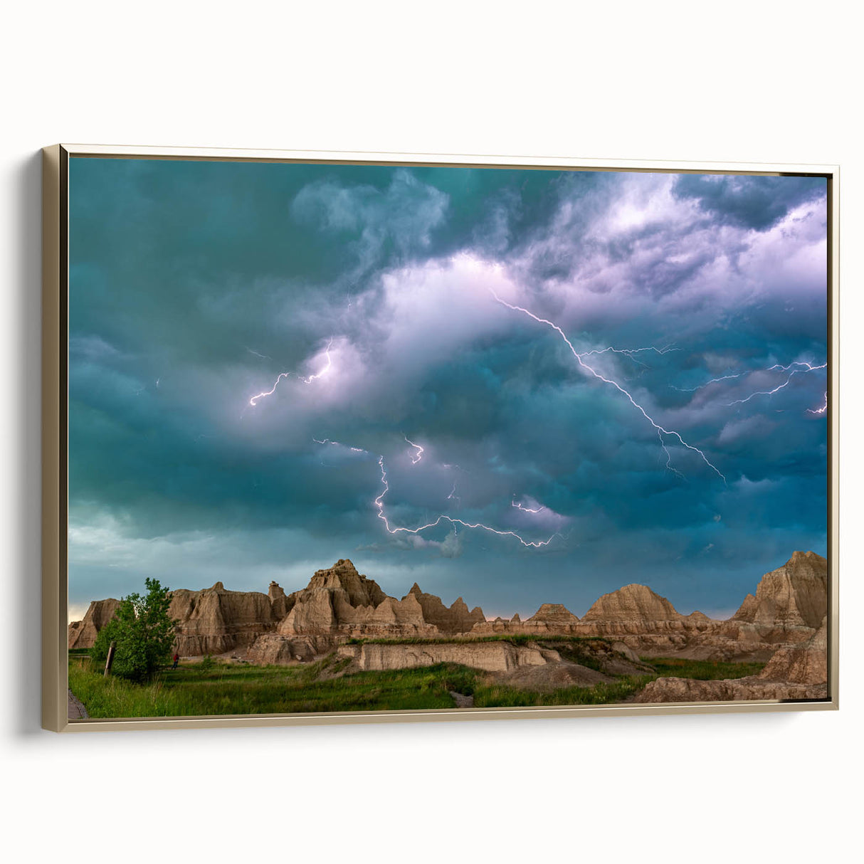 Framed canvas wall art of South Dakota Badlands in muted earth tones, ideal for bedroom decor.
