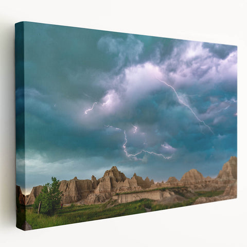 Large art depicting the Badlands in South Dakota with earthy tones on a stretched canvas, suitable for kitchen wall art.