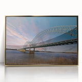 Framed acrylic print of Memphis skyline in gold and blue tones, ideal for modern art wall decor.