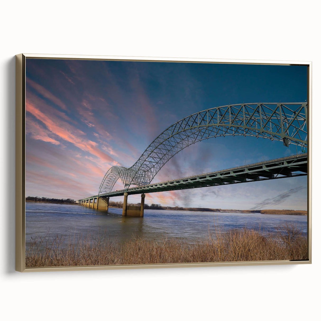 Framed canvas of vintage Memphis landscape in black and gold tones, ideal for bedroom wall art.