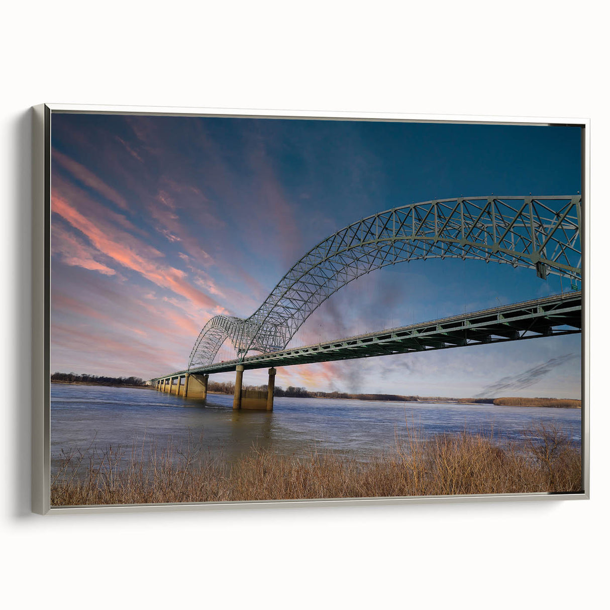 Framed canvas landscape art painting of Memphis, Tennessee, featuring colorful vintage poster art on a black background.