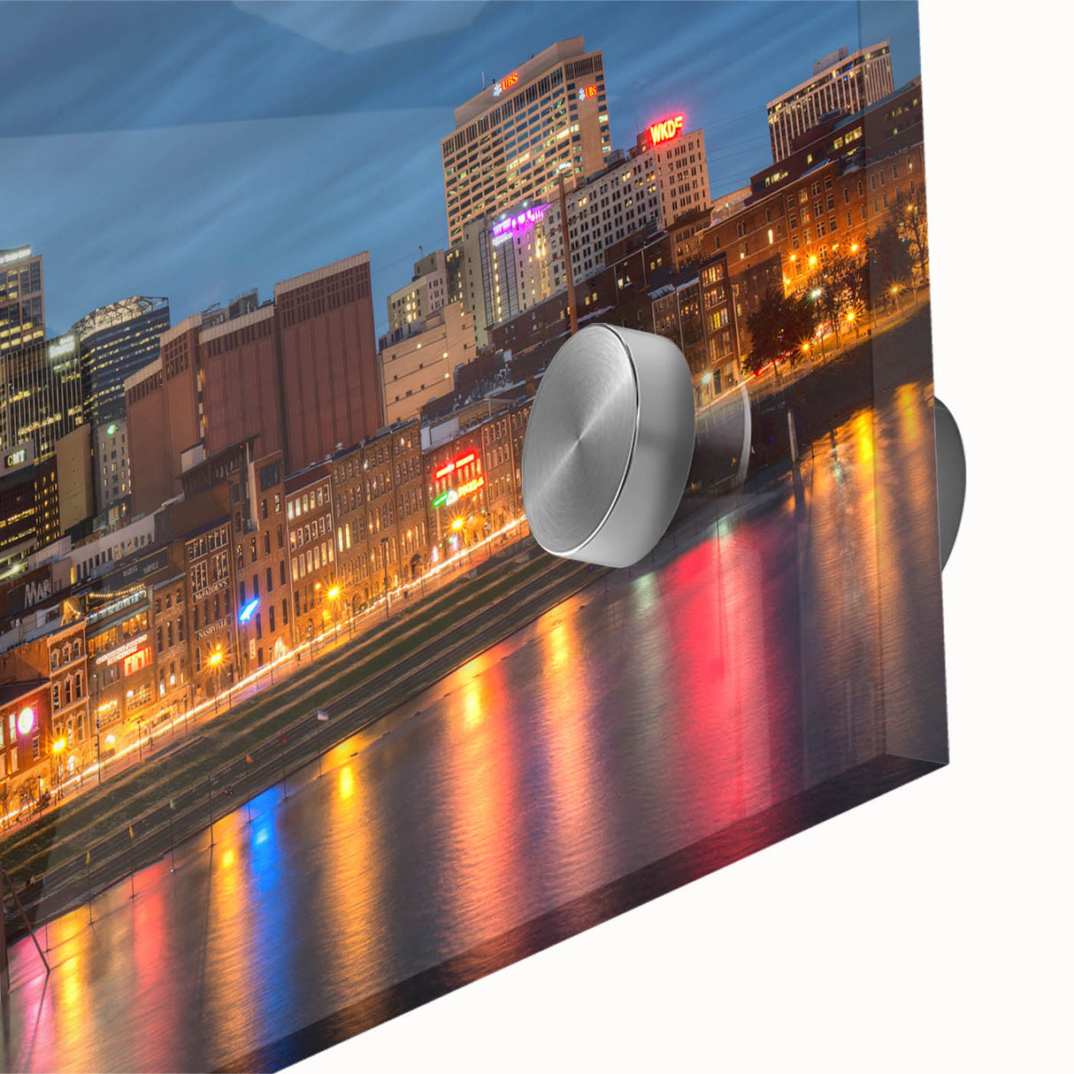 Large abstract wall art depicting Nashville skyline in muted gray and blue tones on acrylic glass, ideal for dining room art.