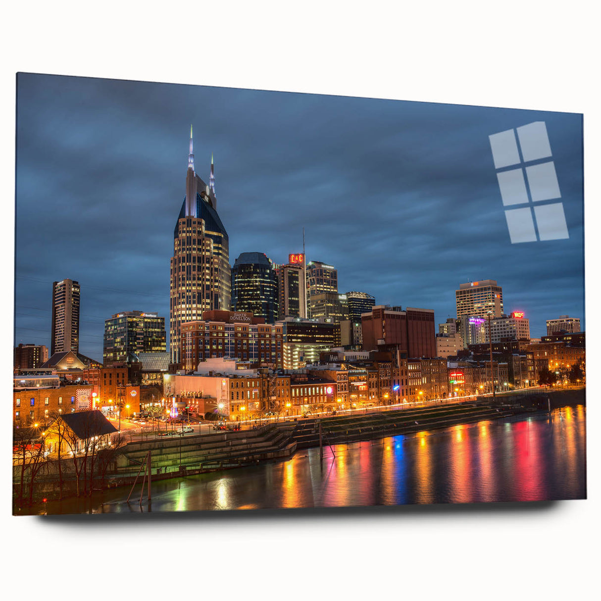 Acrylic print of abstract Nashville skyline in muted blues and grays, ideal for bedroom or dining room decor.