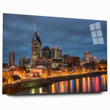 Acrylic print of abstract Nashville skyline in muted blues and grays, ideal for bedroom or dining room decor.