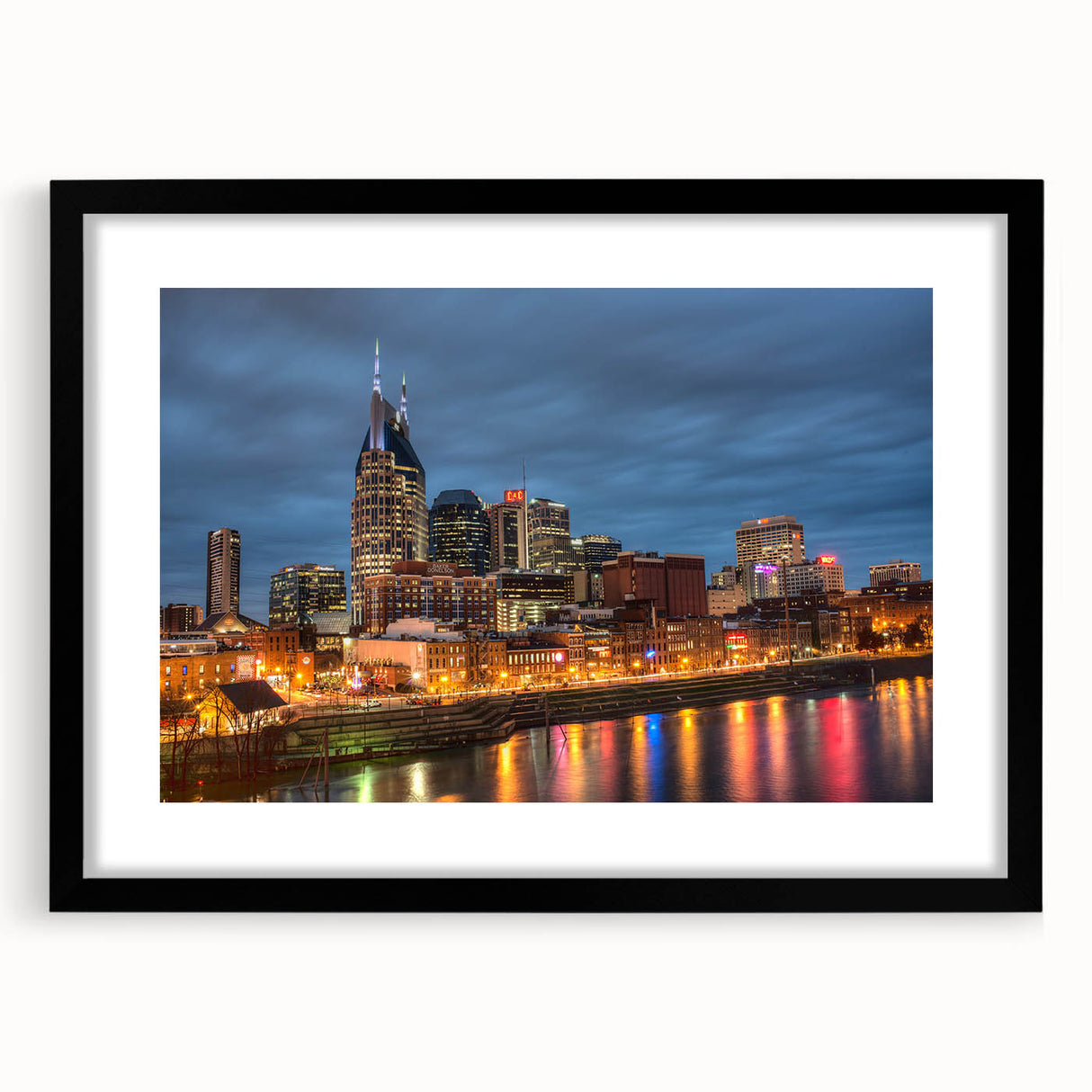 Extra large abstract art print of colorful, textured Nashville skyline on black framed canvas, ideal for living room decor.