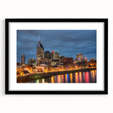 Extra large abstract art print of colorful, textured Nashville skyline on black framed canvas, ideal for living room decor.