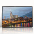 Large abstract wall art depicting Nashville skyline in muted gray tones on framed acrylic.
