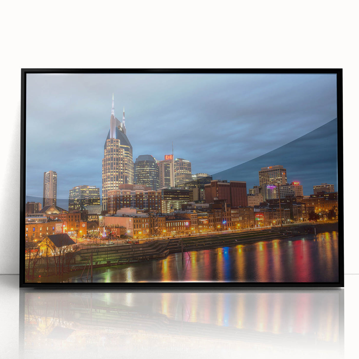 Large abstract wall art depicting Nashville skyline in muted gray tones on framed acrylic.