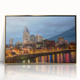 Framed acrylic print of Nashville skyline in gold and black tones, ideal for modern art wall decor.