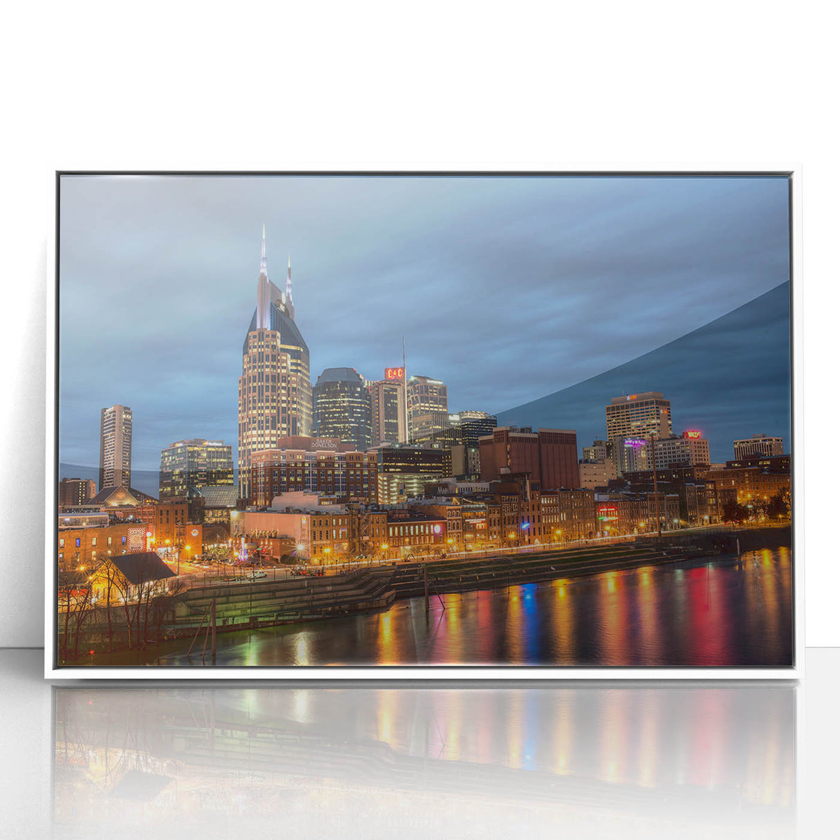 Acrylic print of Nashville skyline in muted gray tones, ideal for modern art wall decor in a nursery.