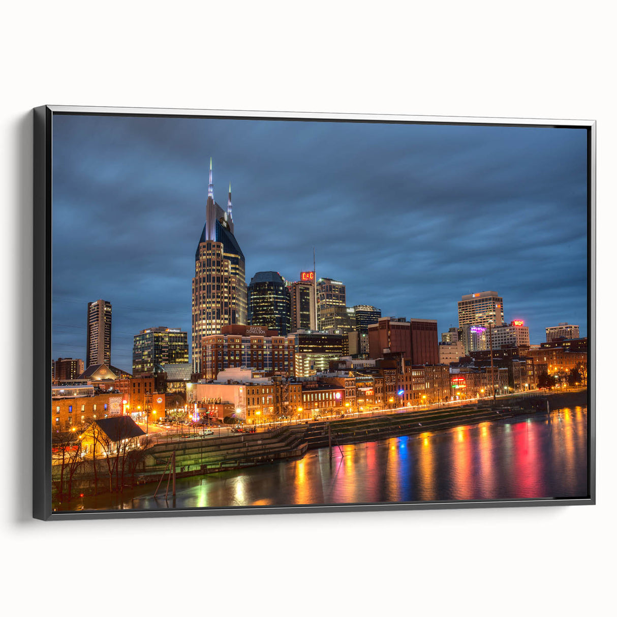 Black and white framed canvas featuring a vintage-style Nashville landscape, ideal for bedroom wall decor.