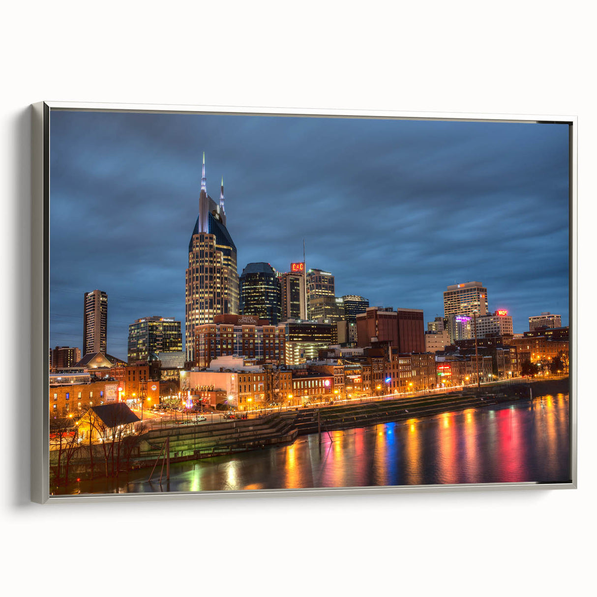 Framed canvas of a vintage Nashville landscape painting in muted gray and colorful accents, ideal for living room decor.