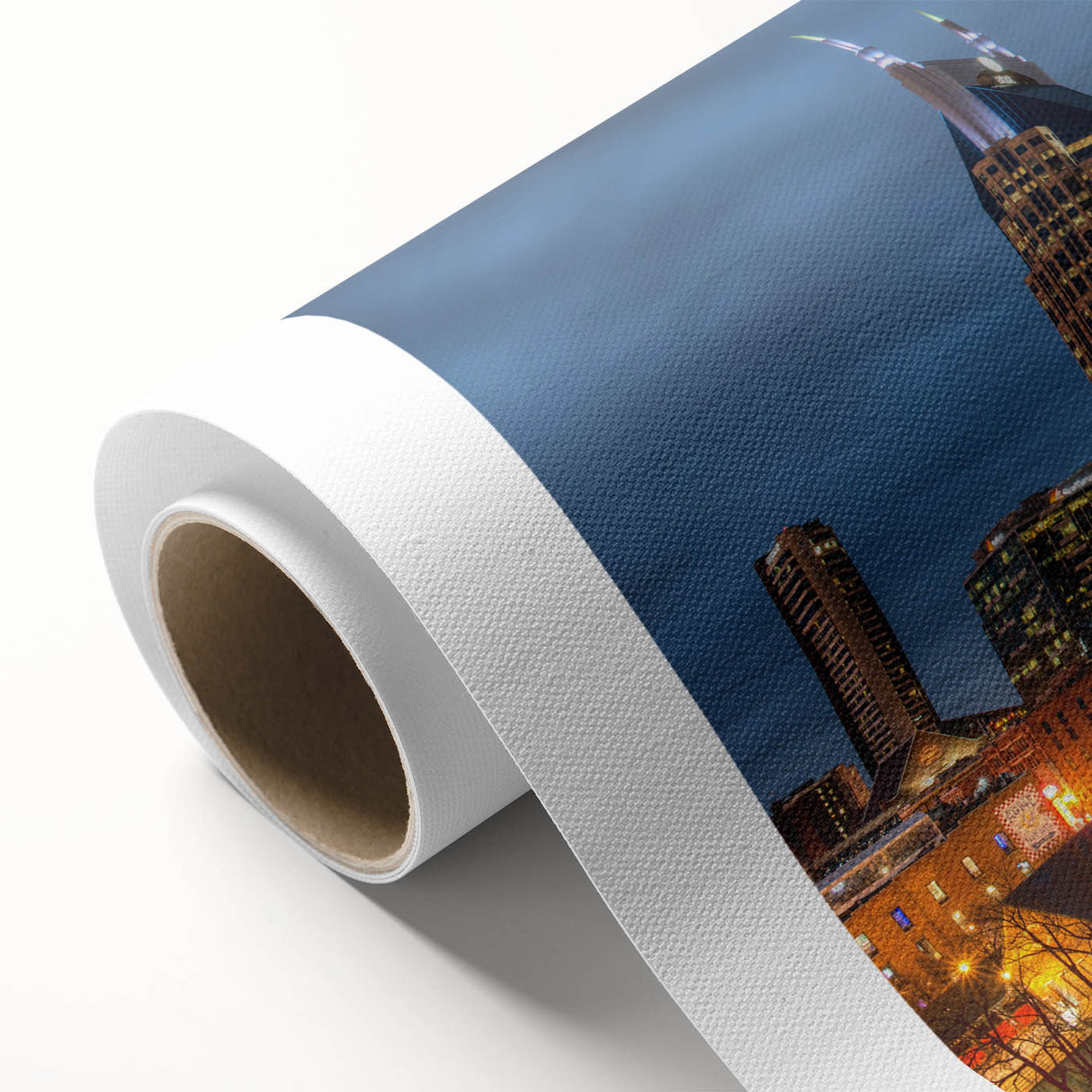 Art Deco style Nashville skyline on rolled canvas, in muted gold and navy tones, ideal for nursery wall art.