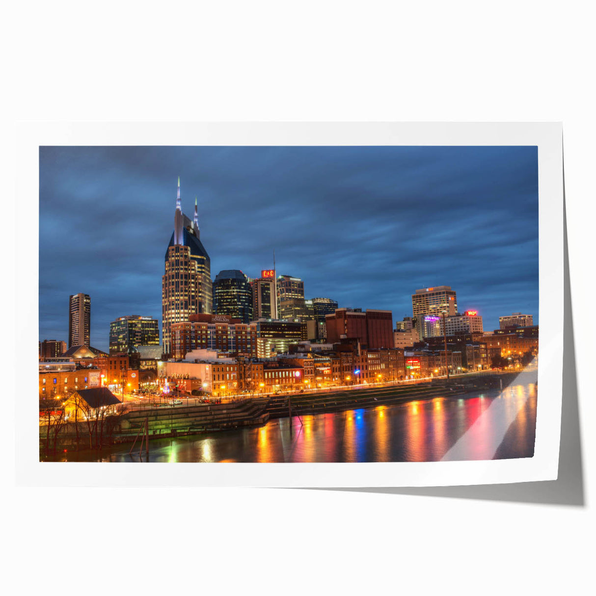 Rolled print of Nashville skyline with muted blue and gray tones, suitable as art wall dining room or extra large wall art.