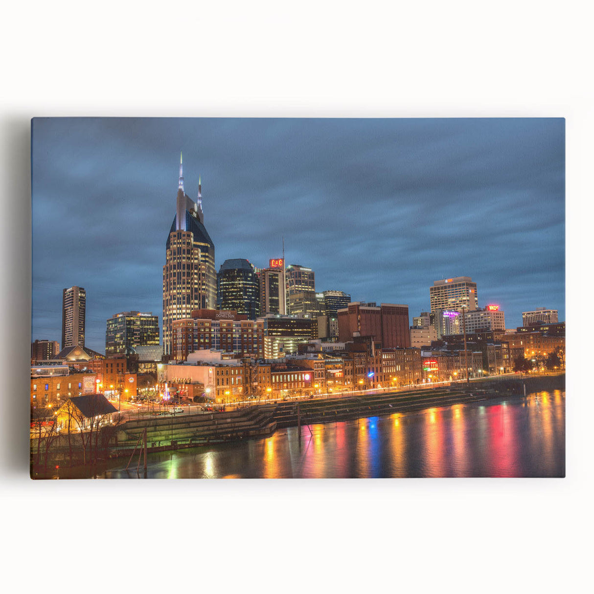 Black and white stretched canvas of Nashville skyline, ideal for kitchen wall art.