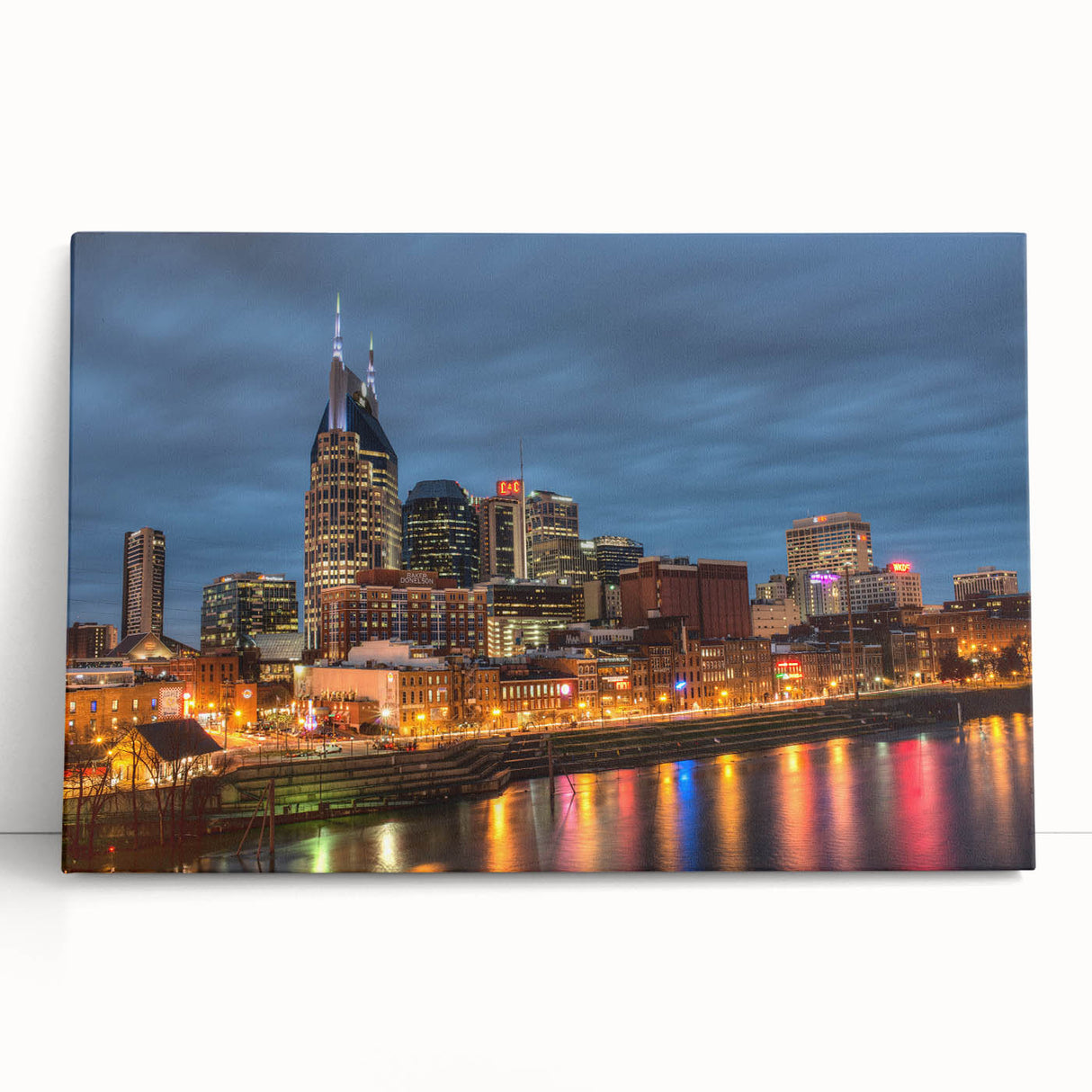 Black and white stretched canvas of Nashville skyline, ideal for kitchen wall art or bedroom ambiance.
