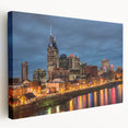 Large stretched canvas featuring a detailed Nashville skyline in muted earth tones, suitable for kitchen wall art.
