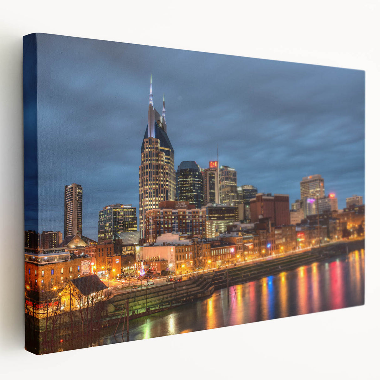 Large stretched canvas featuring a detailed Nashville skyline in muted earth tones, suitable for kitchen wall art.