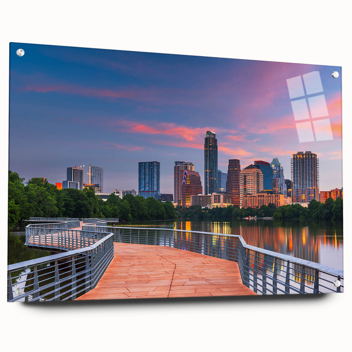 Acrylic print of Austin skyline in muted blues and grays, ideal for dining room art.