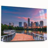 Large abstract wall art of the Austin skyline in muted blue tones on acrylic glass, ideal for bedroom or dining room decor.