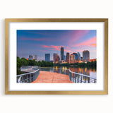Extra large abstract art print of Austin, Texas skyline in textured gold frame, ideal for living room decor.