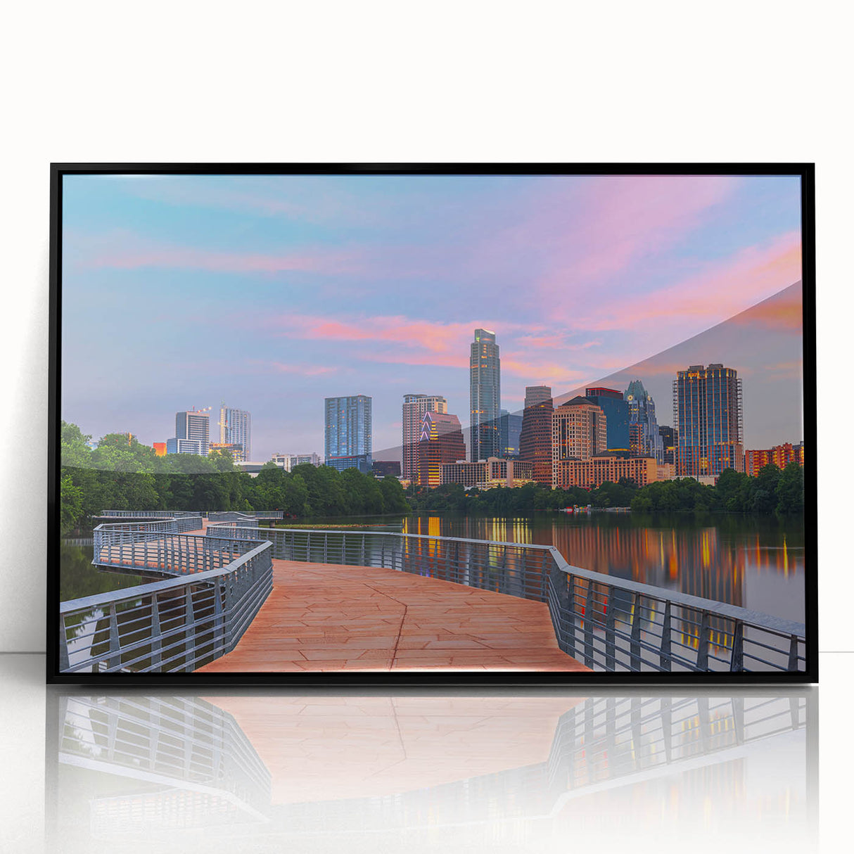 Large abstract wall art of Austin, Texas, depicted in muted earth tones on a framed acrylic print.