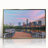 Mid-century modernist depiction of Austin, Texas skyline in gold tones on a framed acrylic print.