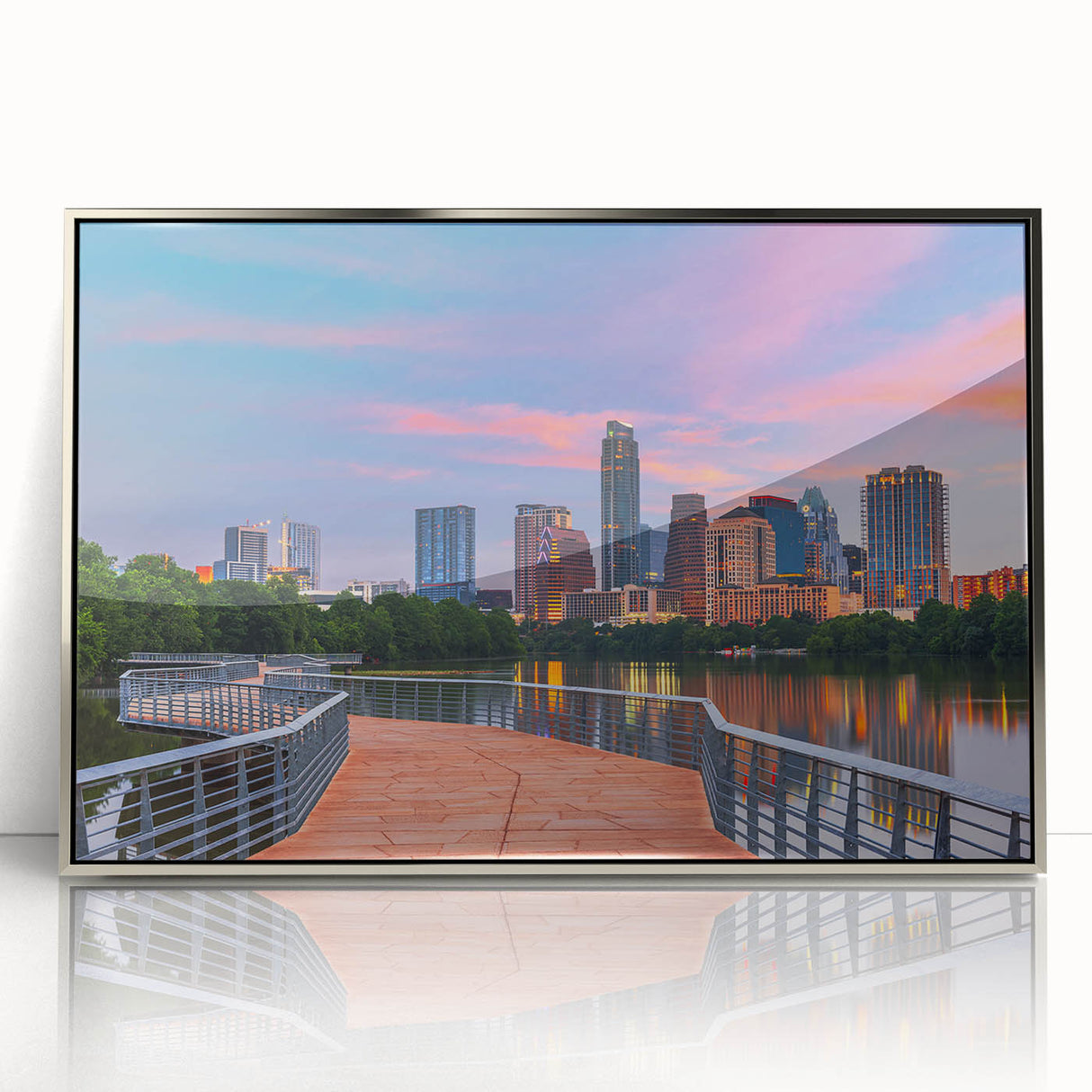 Mid-century modernist art depicting Austin, Texas skyline in muted earth tones on a silver-framed acrylic print.