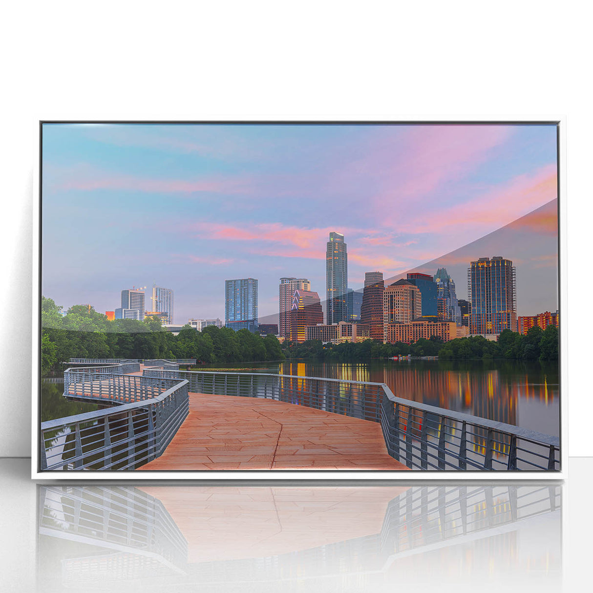 Acrylic print of Austin, Texas skyline in art deco style with muted blue and gray tones, ideal for modern nursery wall decor.