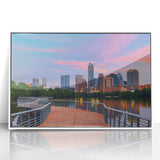 Acrylic print of Austin, Texas skyline in art deco style with muted blue and gray tones, ideal for modern nursery wall decor.