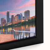 Extra large black wall art featuring a textured Austin, Texas skyline in colorful art style on framed canvas.