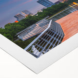 Art deco poster of Austin, Texas skyline in muted earth tones on rolled canvas, suitable for dining room decor.