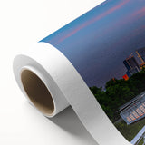 Art Deco poster of Austin, Texas skyline in pastel colors on rolled canvas, suitable for nursery wall art.