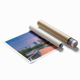 Large rolled canvas print featuring a serene Austin, Texas scenery with soft pastel shades.
