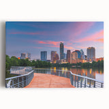 Black and white photo of Austin skyline on large stretched canvas, suitable for kitchen wall art.