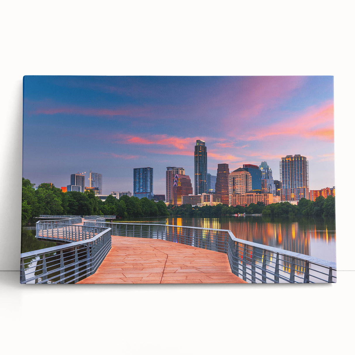 Black and white stretched canvas of Austin, Texas skyline, suitable as large kitchen wall art or bedroom decor.