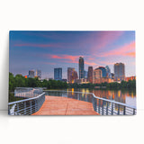 Black and white stretched canvas of Austin, Texas skyline, suitable as large kitchen wall art or bedroom decor.