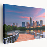 Large art of Austin, Texas skyline in muted earth tones on stretched canvas, suitable for kitchen wall art.