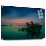 Acrylic print of Dallas skyline in muted blue and gray tones, ideal for modern bedroom or dining room decor.