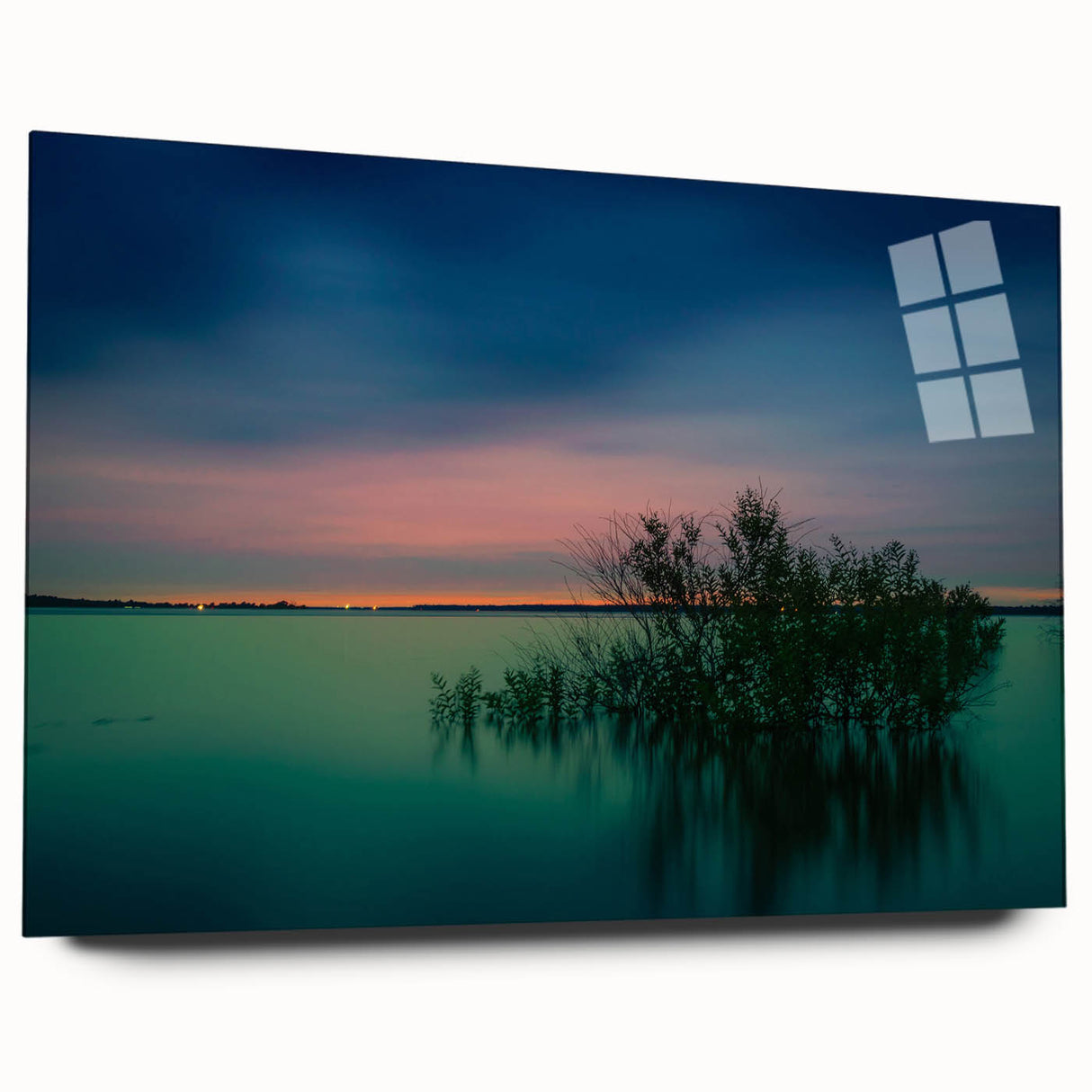 Large abstract depiction of the Dallas skyline in muted gray and blue tones on acrylic glass.