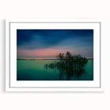 Abstract art print of Dallas skyline in muted gray and blue tones, framed with a white mat, suitable for dining room decor.