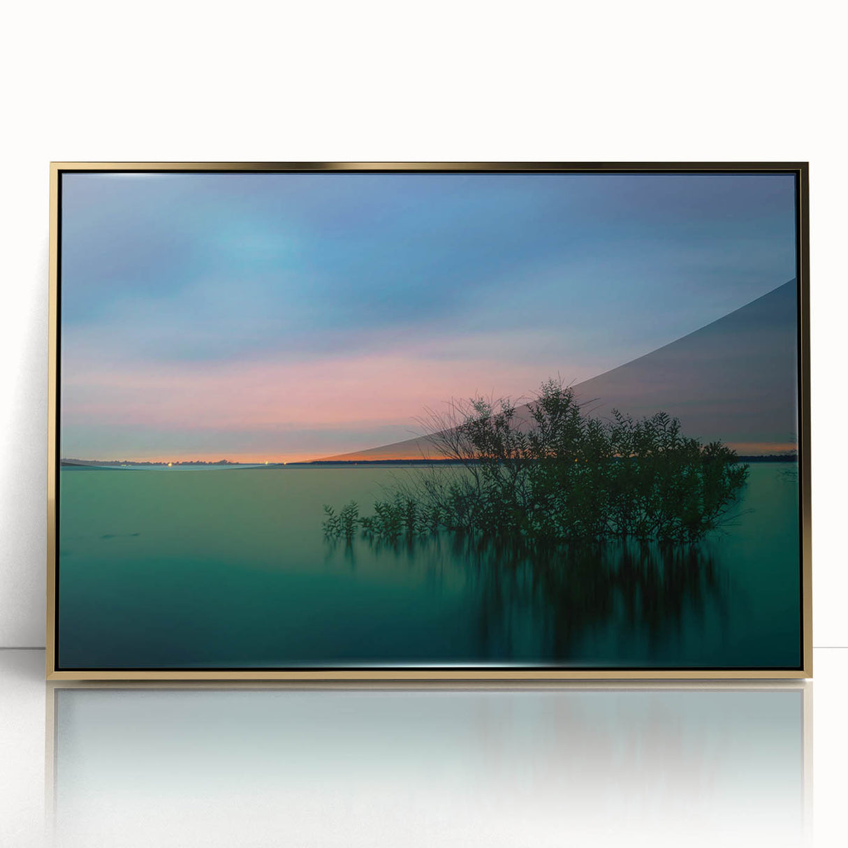Dallas skyline depicted in gold and blue tones on a framed acrylic print, suited for modern art wall decor.