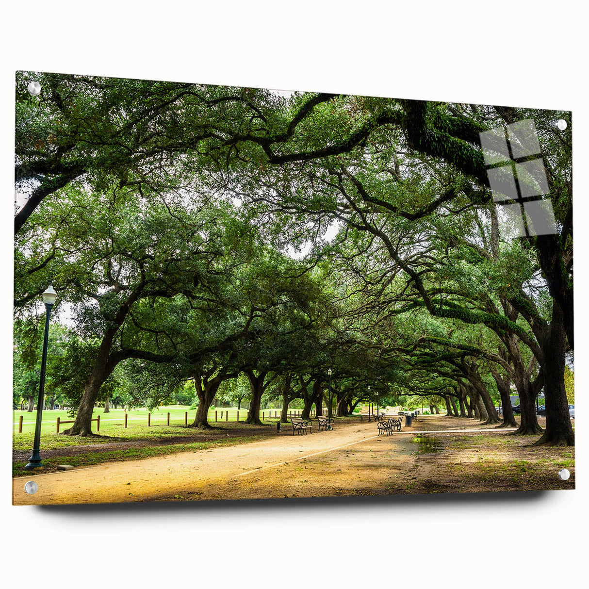 Acrylic print of a large abstract depiction of Houston skyline in muted blue and gray tones.