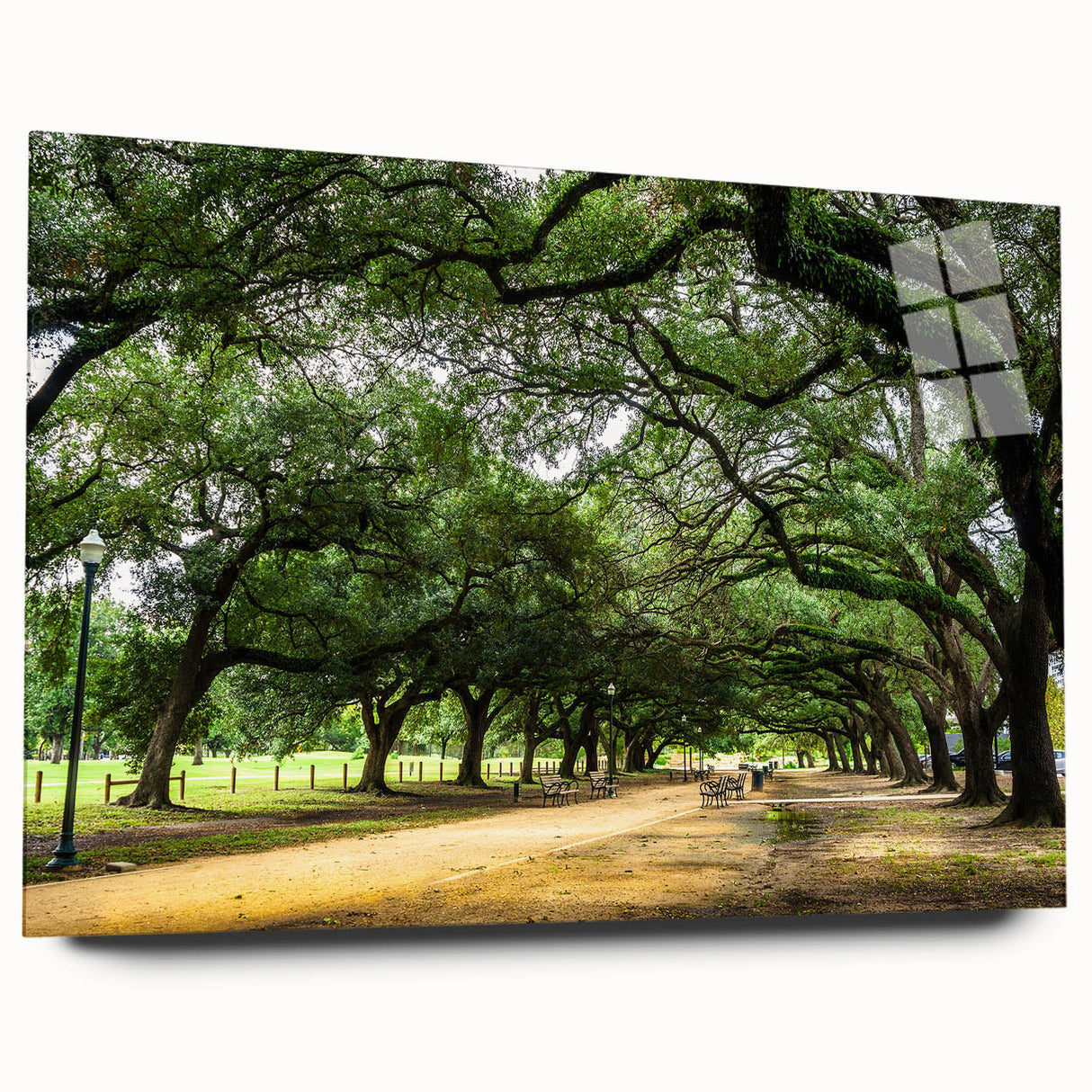 Acrylic print of a large abstract depiction of Houston skyline in muted blue and gray tones.