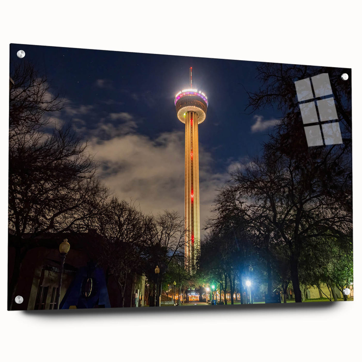 Acrylic print of a large abstract depiction of San Antonio skyline in muted blue and gray tones.