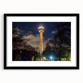 Extra large abstract art print of a colorful, textured San Antonio skyline on a black framed canvas.