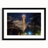 Extra large abstract art print of a colorful, textured San Antonio skyline on a black framed canvas.